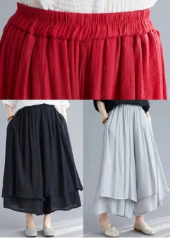 Style Red Elastic Waist Draping Linen Wide Leg Pants Summer LY8652 -Ada Fashion Style Red Elastic Waist Draping Linen Wide Leg Pants Summer Ada Fashion 151393873
