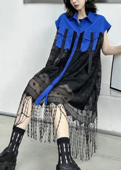 Style Royal Blue Peter Pan Collar Tasseled Patchwork Lace Shirts Dress Sleeveless LY9319