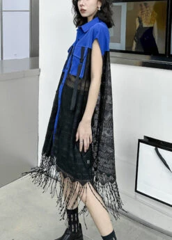 Style Royal Blue Peter Pan Collar Tasseled Patchwork Lace Shirts Dress Sleeveless LY9319 -Ada Fashion Style Royal Blue Peter Pan Collar Tasseled Patchwork Lace Shirts Dress Sleeveless4