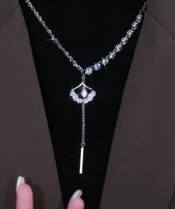 Style Silk Sterling Silver Zircon Ginkgo Leaf Tassel Lariat Necklace GH1004 -Ada Fashion Style Silk Sterling Silver Zircon Ginkgo Leaf Tassel Lariat Necklace4