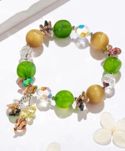 Stylish Avocado Green Crystal Agate Tiger's Eye Charm Bracelet ML0663