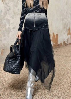 Stylish Black Asymmetrical Tulle Patchwork Denim Skirt Spring QQ1058 -Ada Fashion Stylish Black Asymmetrical Tulle Patchwork Denim Skirt Spring3