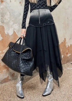 Stylish Black Asymmetrical Tulle Patchwork Denim Skirt Spring QQ1058 -Ada Fashion Stylish Black Asymmetrical Tulle Patchwork Denim Skirt Spring4