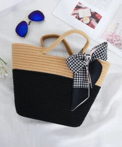 Stylish Black Patchwork Knit Fabric Cotton Beach Tote Handbag LY1373 -Ada Fashion Stylish Black Patchwork Knit Fabric Cotton Beach Tote Handbag2