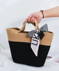 Stylish Black Patchwork Knit Fabric Cotton Beach Tote Handbag LY1373 -Ada Fashion Stylish Black Patchwork Knit Fabric Cotton Beach Tote Handbag3