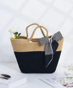 Stylish Black Patchwork Knit Fabric Cotton Beach Tote Handbag LY1373 -Ada Fashion Stylish Black Patchwork Knit Fabric Cotton Beach Tote Handbag4