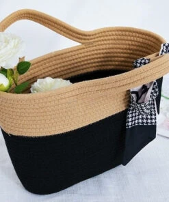 Stylish Black Patchwork Knit Fabric Cotton Beach Tote Handbag LY1373 -Ada Fashion Stylish Black Patchwork Knit Fabric Cotton Beach Tote Handbag5