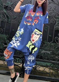 Stylish Blue Stand Collar Print Button Patchwork Cotton Jumpsuits Summer LY3963