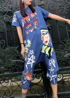 Stylish Blue Stand Collar Print Button Patchwork Cotton Jumpsuits Summer LY3963 -Ada Fashion Stylish Blue Stand Collar Print Button Patchwork Cotton Jumpsuits Summer3 81c38895 1f48 4df5 8746 854142d13bc8