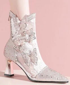 Stylish Butterfly Zircon Splicing Hollow Out High Heel Boots Pink CZ1008 -Ada Fashion Stylish Butterfly Zircon Splicing Hollow Out High Heel Boots Pink3