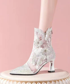 Stylish Butterfly Zircon Splicing Hollow Out High Heel Boots Pink CZ1008 -Ada Fashion Stylish Butterfly Zircon Splicing Hollow Out High Heel Boots Pink4