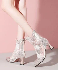 Stylish Butterfly Zircon Splicing Hollow Out High Heel Boots Pink CZ1008 -Ada Fashion Stylish Butterfly Zircon Splicing Hollow Out High Heel Boots Pink5