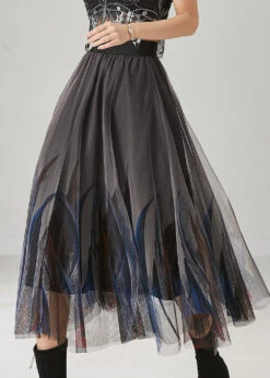 Stylish Grey Feather Print Tulle Skirts Summer YU1017 -Ada Fashion Stylish Grey Feather Print Tulle Skirts Summer3