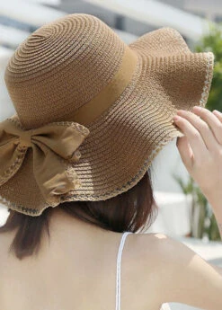 Stylish Khaki Bow Beach Straw Woven Floppy Sun Hat LC0541