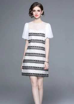 Stylish White O-Neck Zircon Tulle Patchwork Lace Mid Dress Summer LY7432