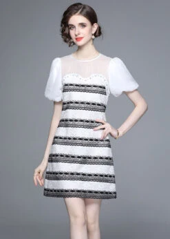 Stylish White O-Neck Zircon Tulle Patchwork Lace Mid Dress Summer LY7432 -Ada Fashion Stylish White O Neck Zircon Tulle Patchwork Lace Mid Dress Summer3