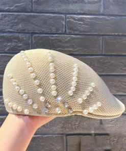 Summer Black Zircon Pearl Beret Hat LY549 -Ada Fashion Summer Black Zircon Pearl Beret Hat3