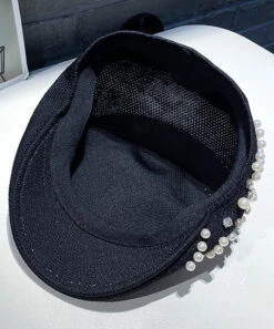 Summer Black Zircon Pearl Beret Hat LY549 -Ada Fashion Summer Black Zircon Pearl Beret Hat4