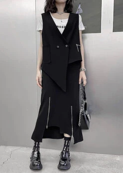 Unique Black Asymmetrical Patchwork Waistcoat And Skirts Cotton Two Pieces Set Sleeveless LY9544 -Ada Fashion Unique Black Asymmetrical Patchwork Waistcoat And Skirts Cotton Two Pieces Set Sleeveless2