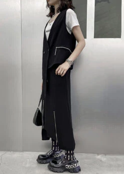 Unique Black Asymmetrical Patchwork Waistcoat And Skirts Cotton Two Pieces Set Sleeveless LY9544 -Ada Fashion Unique Black Asymmetrical Patchwork Waistcoat And Skirts Cotton Two Pieces Set Sleeveless5