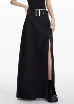 Unique Black Front Open High Waist Patchwork Spandex Maxi Skirts Summer LY9108
