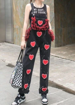 Unique Black Ruffled Nail Bead Patchwork Spaghetti Strap Denim Jumpsuits Summer LY5250