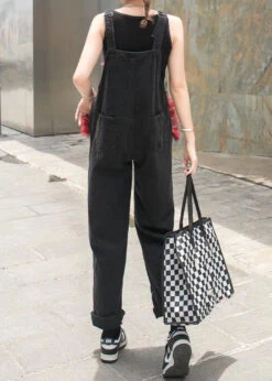 Unique Black Ruffled Nail Bead Patchwork Spaghetti Strap Denim Jumpsuits Summer LY5250 -Ada Fashion Unique Black Ruffled Nail Bead Patchwork Spaghetti Strap Denim Jumpsuits Summer4