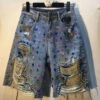 Unique Blue Nail Bead Patchwork High Waist Ripped Shorts Jeans FA229 -Ada Fashion Unique Blue Nail Bead Patchwork High Waist Ripped Shorts Jeans1