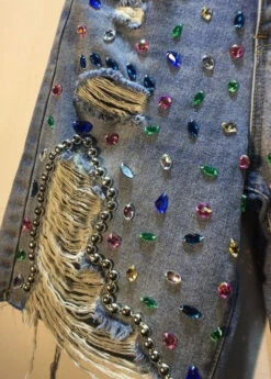 Unique Blue Nail Bead Patchwork High Waist Ripped Shorts Jeans FA229 -Ada Fashion Unique Blue Nail Bead Patchwork High Waist Ripped Shorts Jeans3