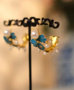 Unique Blue Sterling Silver Overgild Enamel Pearl Tassel Hoop Earrings GH1074 -Ada Fashion Unique Blue Sterling Silver Overgild Enamel Pearl Tassel Hoop Earrings3