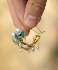 Unique Blue Sterling Silver Overgild Enamel Pearl Tassel Hoop Earrings GH1074 -Ada Fashion Unique Blue Sterling Silver Overgild Enamel Pearl Tassel Hoop Earrings4