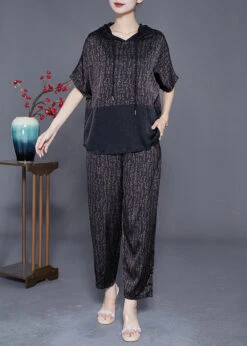 Unique Chocolate Oversized Patchwork Print Silk Two Piece Set Women Clothing Summer LY3635