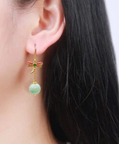 Sterling Silver Overgild Jade Dragonfly Tassel Drop Earrings -Ada Fashion Unique Cyan Sterling Silver Overgild Jade Dragonfly Tassel Drop Earrings Ada Fashion 177855898