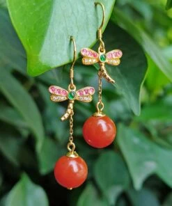 Sterling Silver Overgild Jade Dragonfly Tassel Drop Earrings -Ada Fashion Unique Cyan Sterling Silver Overgild Jade Dragonfly Tassel Drop Earrings Ada Fashion 177855963