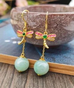 Sterling Silver Overgild Jade Dragonfly Tassel Drop Earrings -Ada Fashion Unique Cyan Sterling Silver Overgild Jade Dragonfly Tassel Drop Earrings Ada Fashion 177856012