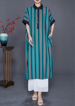 Unique Green Peter Pan Collar Striped Silk Shirt Dresses Summer LY7629