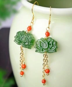 Sterling Silver Overgild Inlaid Gem Jade Drop Earrings -Ada Fashion Unique Green Sterling Silver Overgild Inlaid Gem Stone Jade Drop Earrings Ada Fashion 177897343