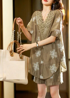 Unique Khaki V Neck Embroideried Chiffon Top And Shorts Two Pieces Set Summer ML1985 -Ada Fashion Unique Khaki V Neck Embroideried Chiffon Top And Shorts Two Pieces Set Summer3