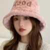 Unique Pink Fuzzy Fur Thick Graphic Bucket Hat ML2805
