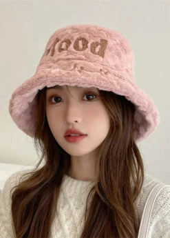 Unique Pink Fuzzy Fur Thick Graphic Bucket Hat ML2805