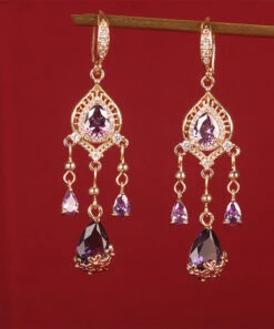Unique Purple Sterling Silver Zircon Tassel Drop Earrings LY2305