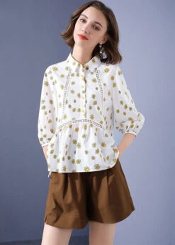 Unique White Hollow Out Patchwork Print Chiffon Blouse Tops Bracelet Sleeve LY0053