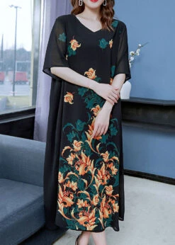 Unique Yellow V Neck Print Patchwork Chiffon Dresses Summer LY7743