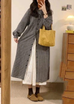 Vintage Apricot Plaid O-Neck Button Long Shirts Dresses Spring VB1058 -Ada Fashion Vintage Apricot Plaid O Neck Button Long Shirts Dresses Spring3