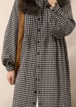 Vintage Apricot Plaid O-Neck Button Long Shirts Dresses Spring VB1058 -Ada Fashion Vintage Apricot Plaid O Neck Button Long Shirts Dresses Spring5