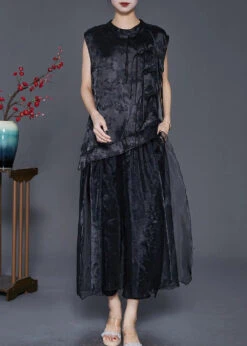 Vintage Black Asymmetrical Jacquard Silk Two Piece Set Fall ML0316