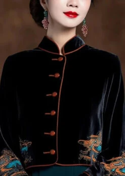 Button Silk Velour Coats Flare Sleeve -Ada Fashion Vintage Black Embroidered Button Silk Velour Coats Flare Sleeve Ada Fashion 178529111