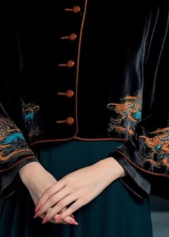 Button Silk Velour Coats Flare Sleeve -Ada Fashion Vintage Black Embroidered Button Silk Velour Coats Flare Sleeve Ada Fashion 178529228