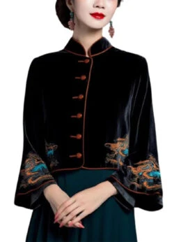 Button Silk Velour Coats Flare Sleeve -Ada Fashion Vintage Black Embroidered Button Silk Velour Coats Flare Sleeve Ada Fashion 178529383