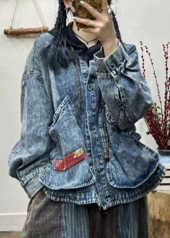 Vintage Blue Button Pockets Patchwork Denim Coat Fall ML3359
